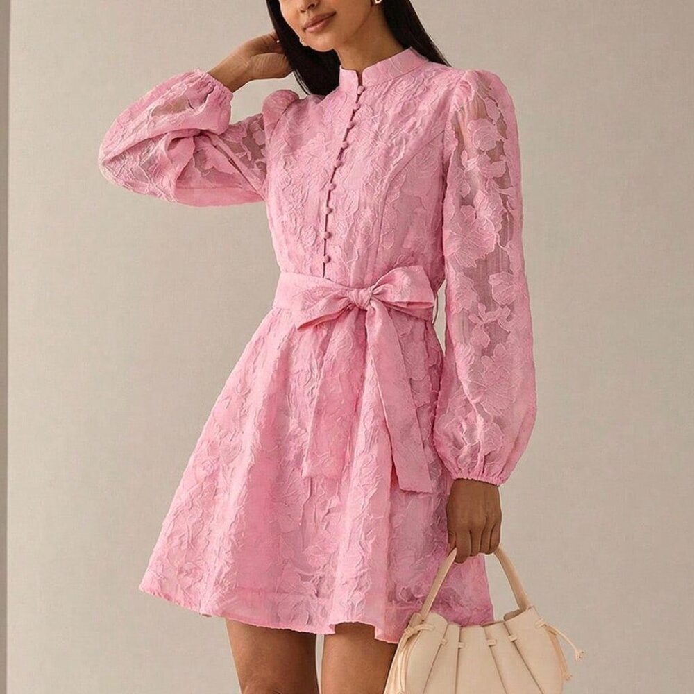 Pink Elegant Women's A-Line Short Dress with Cinched Waist, Puff Sleeves - Picture 1 of 7